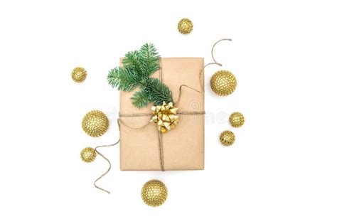 Wrapped T Golden Christmas Decoration White Background Flat Lay