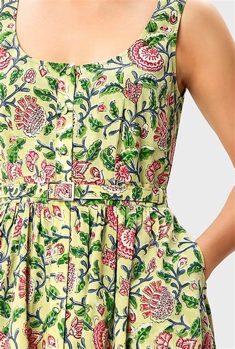 Shop Floral Hand Block Print Cotton Belted Sundress Eshakti