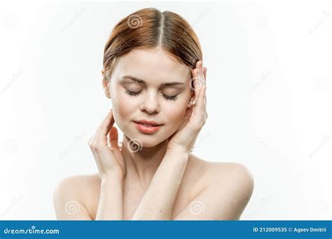 Woman Holding Glamor Face Attractive Look Naked Shoulders Closed Eyes