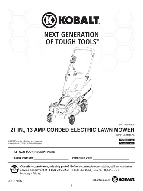 Keep hands, feet and clothing away from the mower's moving parts, and always. Kobalt_Lawn Mower Guide | Ac Power Plugs And Sockets | Mower