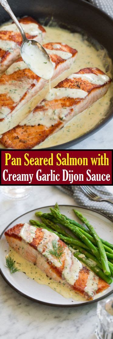 Try this delectable one skillet dish featuring salmon fillets bathed in a creamy sauce flavored with garlic, shallots, white wine and fresh dill. Pan Seared Salmon with Creamy Garlic Dijon Sauce - Easy ...