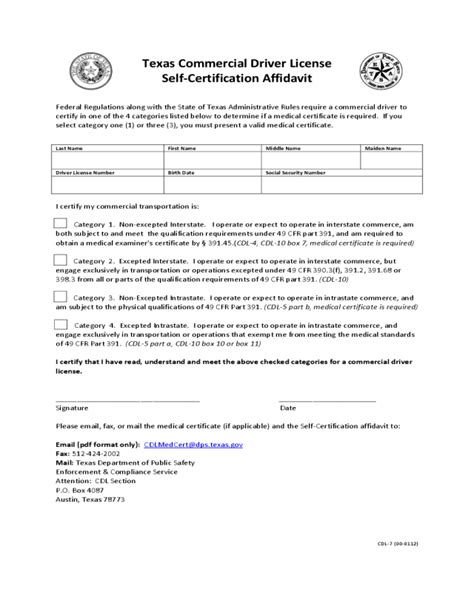 Commercial Driver License Self Certification Affidavit Texas Edit