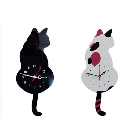 Creative Cute Whiteblack Wagging Tail Cat Wall Clock For Household