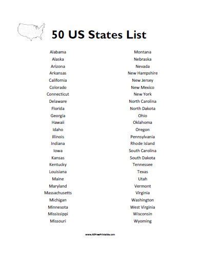 50 States List Free Printable 50 States Of