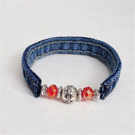 Red Beaded Wrap Bracelet Denim Blue Jean Seams Recycled Upcycled