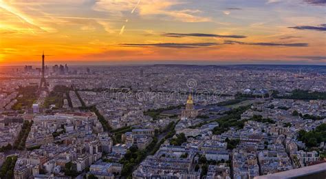 Skyline Of Paris With Eiffel Tower At Sunset In Paris France Stock