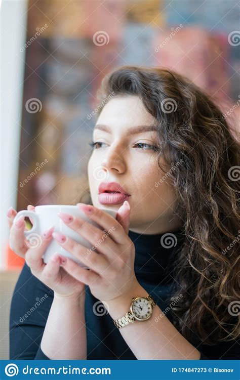 Portrait Pensive Girl In Cafe Drinks Morning Coffee Stock Image Image