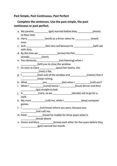 The Past Simple Past Continuous Past Perfect Worksheet For Grade 1