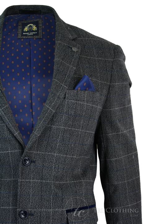 Mens Grey Check Herringbone Tweed Vintage Fit Blazer Jacket Blue Velvet