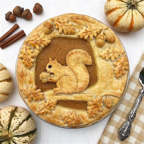 Tree Squirrel Pie Autumn Pumpkin Pie With Decorative Scene Crust Of