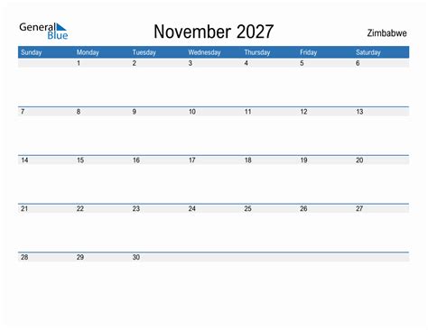 November 2027 Calendar With Zimbabwe Holidays