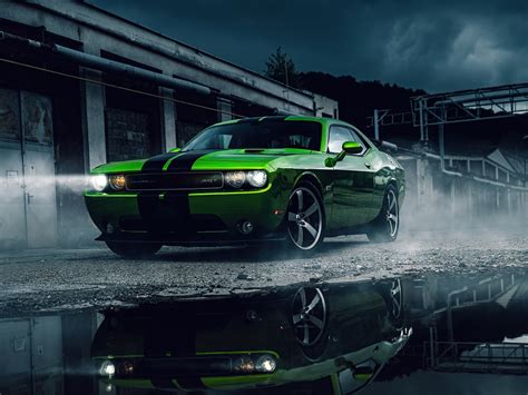 Desktop Wallpaper Green Dodge Challenger Muscle Car 2020