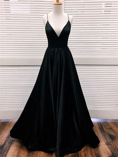 Simple A Line V Neck Black Satin Long Prom Dresses Black Formal