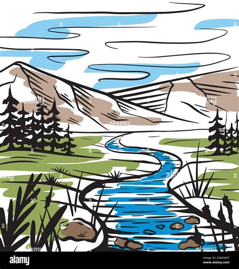 Nature Color Sketch Of A Meadow With A River Mountains And Firs Tranquil Peaceful Wild