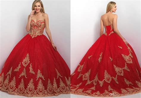 2016 Fashion Red Ball Gown Prom Dresses Gold Lace Applique Beaded