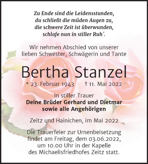 Traueranzeigen Von Bertha Stanzel Abschied Nehmen De