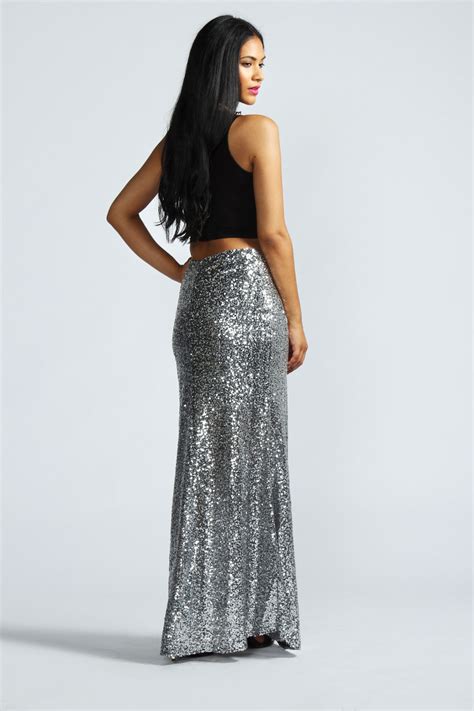 Boohoo Madeline All Over Sequin Maxi Skirt In Silver Ebay