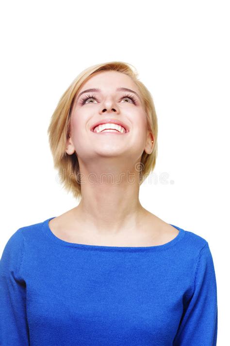 Young Cheerful Blonde Woman In Blank Blue Sweater Stock Photo Image