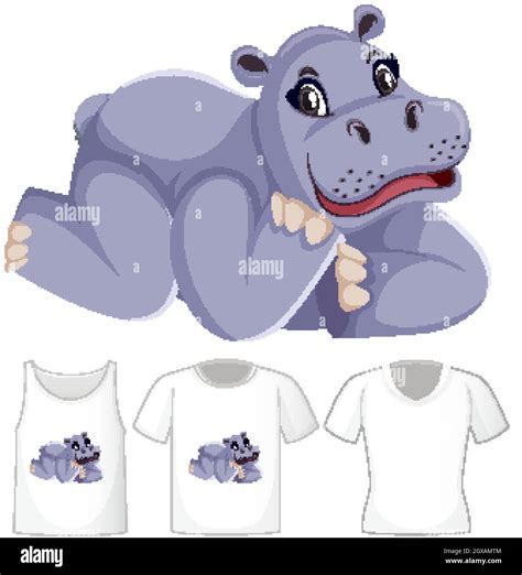 Set Of Different Shirts With Hippopotamus Cartoon Character Isolated On