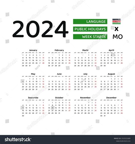 Kenya Calendar 2024 Week Starts From Monday Royalty Free Stock