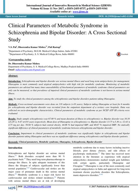 pdf clinical parameters of metabolic syndrome in schizophrenia and bipolar disorder a cross