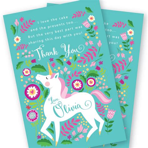 Unicorn Thank You Card Customized Printable Diy Girls Etsy