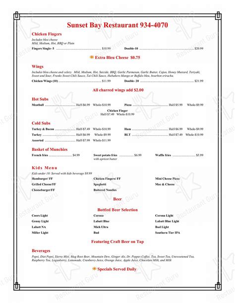 menu at sunset bay restaurant irving 954 main rd