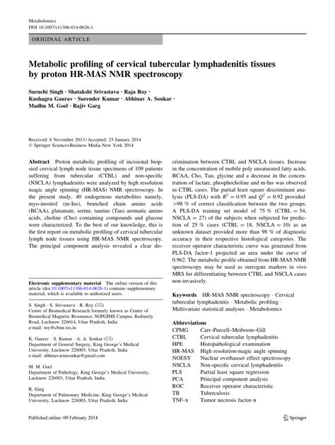 Pdf Metabolic Profiling Of Cervical Tubercular Lymphadenitis Tissues