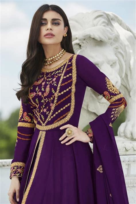 purple embroidered anarkali suit with contrast dupatta salwar kameez designer collection
