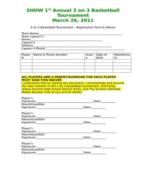Basketball Tournament Waiver Form Template