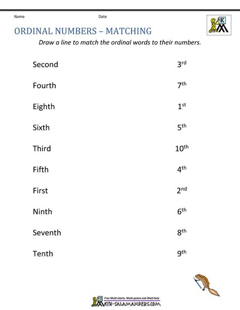 Match Ordinal Numbers Worksheet