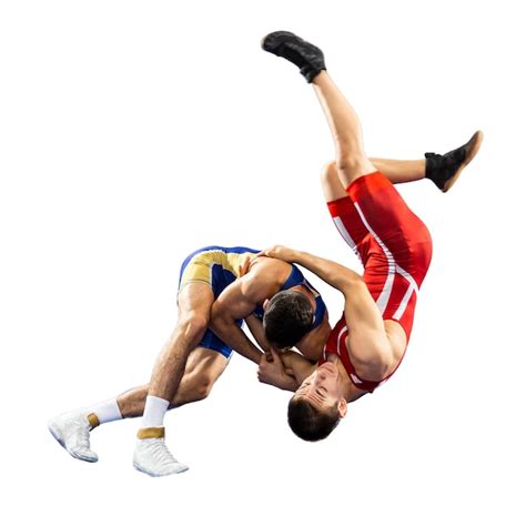 Premium Photo Two Young Men In Blue And Red Wrestling Tights Are