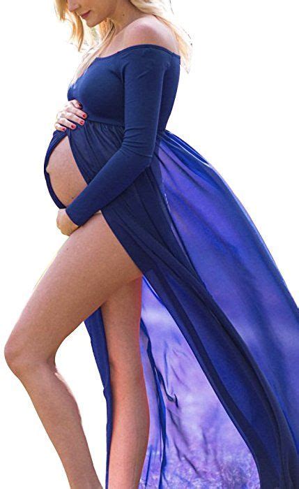 Navy Blue Maternity Off Shoulder Long Sleeve Chiffon Gown Split Front