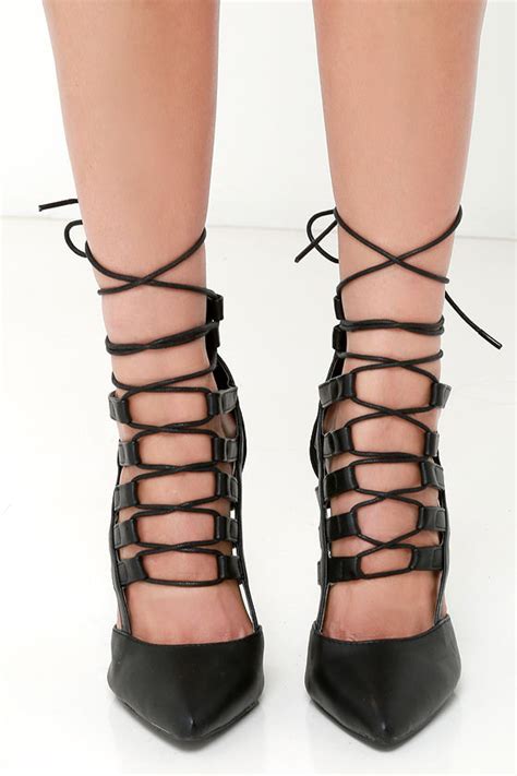 Sexy Black Heels Lace Up Heels Caged Heels 3900