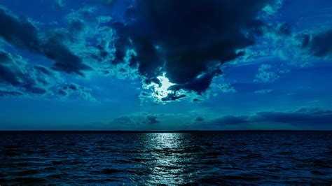 Night Moon Sea Sky Blue 4k, HD Nature, 4k Wallpapers, Images