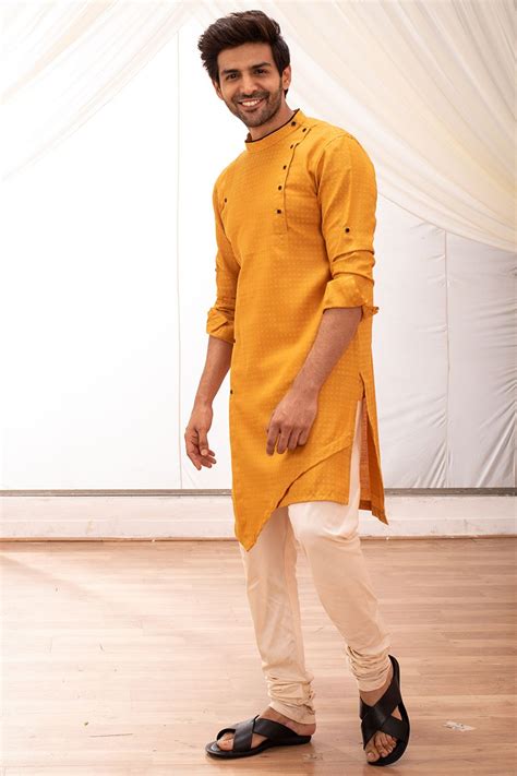 Kurta Pajama For Men Buy Yellow Jacquard Kurta Set Online Manyavar Gents Kurta Design Mens