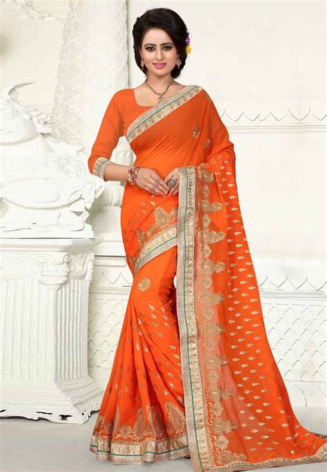 Buy Orange Georgette Saree With Blouse 163174 With Blouse Online At