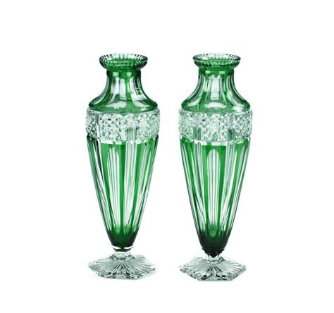 Antique Pair Of Bohemian Glass Green Cut To Clear Vases