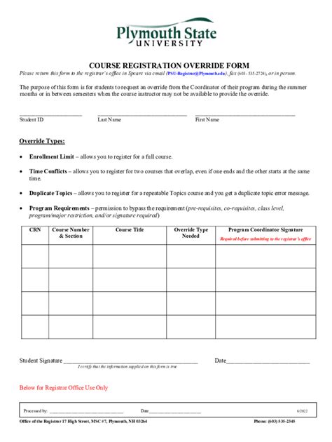 Fillable Online Course Registration Override Form Fax Email Print