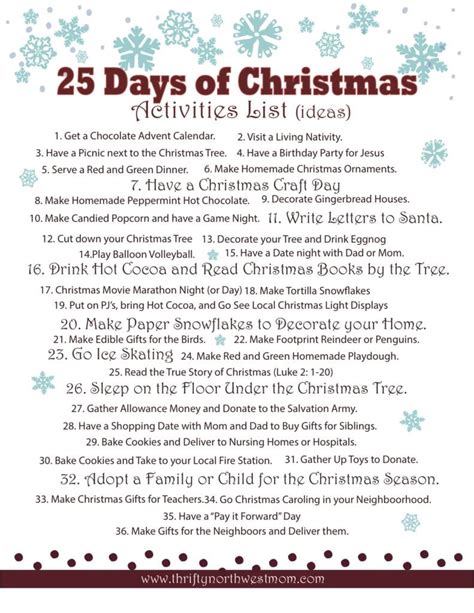 Celebrating The 25 Days Of Christmas ~ Activities List Christmas