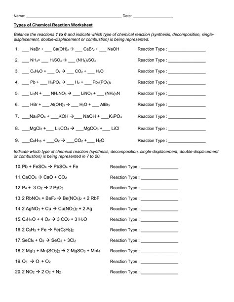 Classify a chemical reaction as a synthesis, decomposition, single replacement, double replacement, or a combustion reaction. Chemical reaction worksheet - You Calendars