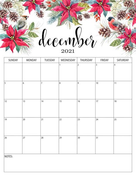 Floral December 2021 Calendar Templates Printable 2021 Calendars
