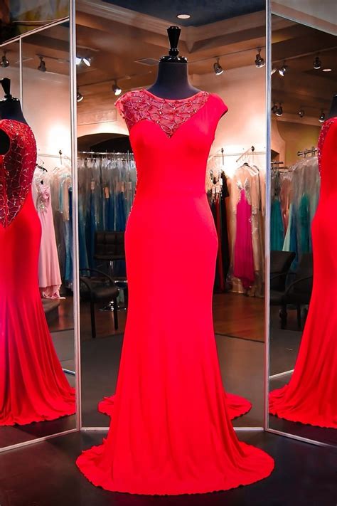 Asymmetric Scoop Cap Sleeve Red Jersey Tulle Beaded Evening Prom Dress