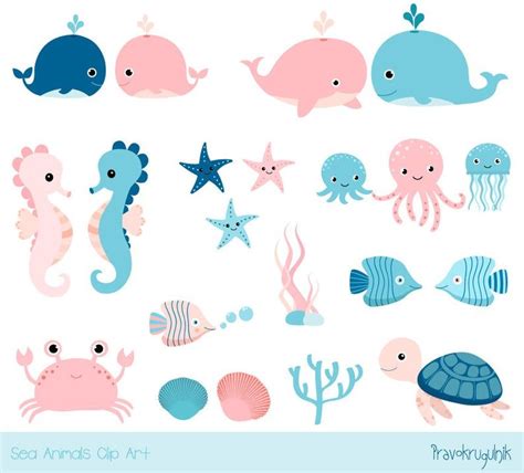 Cute Sea Animal Clipart Kawaii Ocean Clipart Baby Girl Etsy Sea