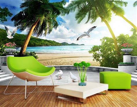 Custom 3d Photo Wallpaper Mural Living Room Beach Coconut Seagulls