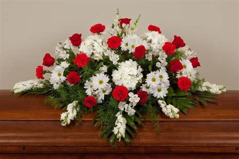 Red And White Funeral Flowers Seasonal Casket Spray Peaceful Casket