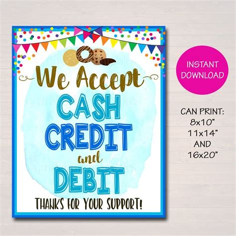 We Accept Payments Sign Cash Credit Debit Printable Credit Card