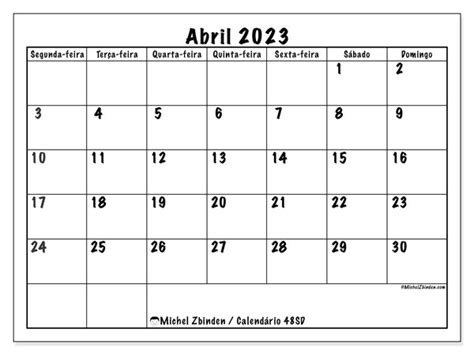 Calendário De Abril De 2023 Para Imprimir “48sd” Michel Zbinden Mo