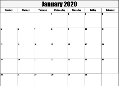 Calendar Template January 2020 Word