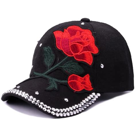 Red Rose Floral Embroidery Baseball Cap Women Fashion Rivet Bone